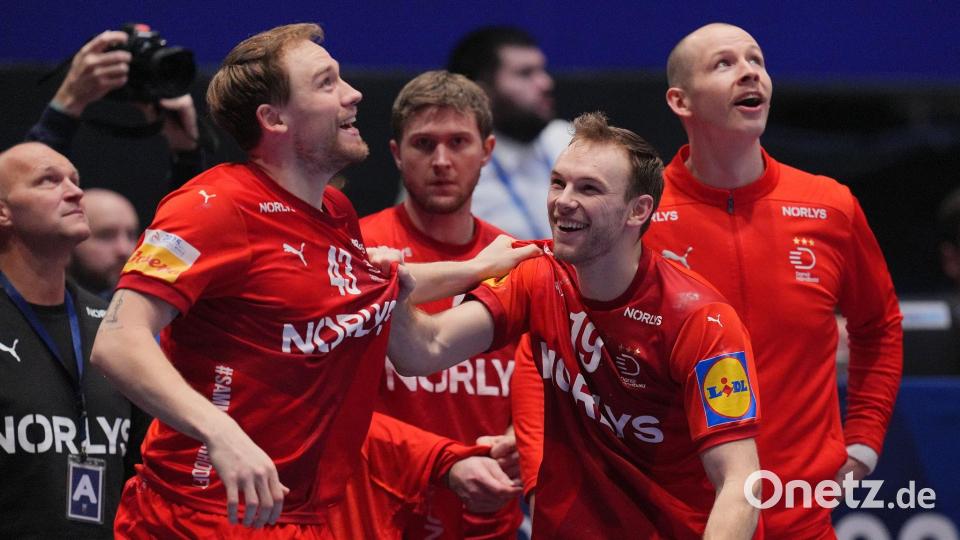 Die Dänen Simon Pytlick (l.) und Mathias Gidsel spielen bald in Berlin zusammen. (Archivbild) Bild: Soeren Stache/dpa