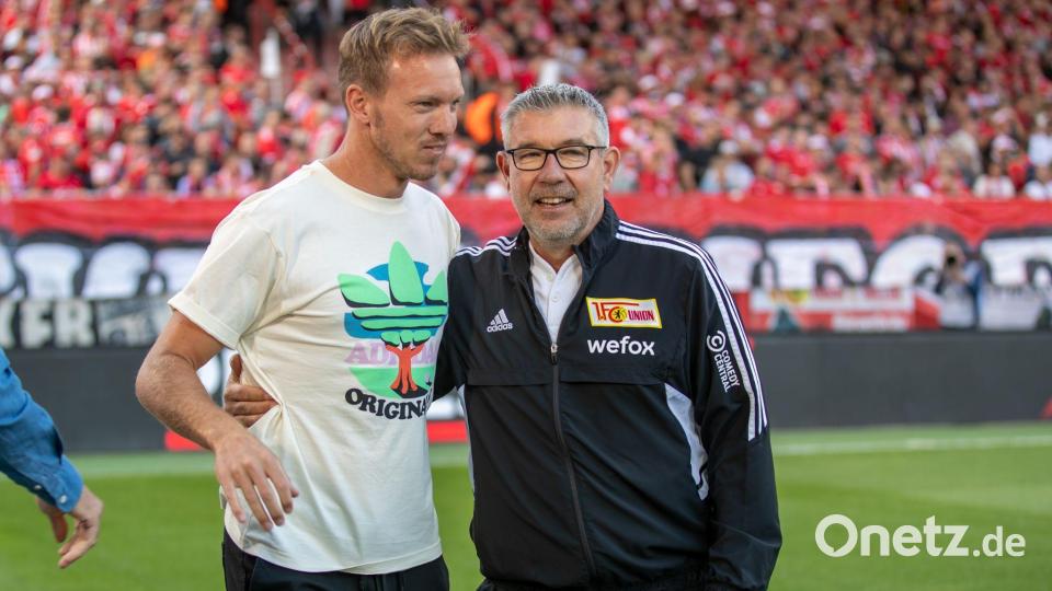 Begegneten sich in der Bundesliga: der heutige Bundestrainer und frühere Bayern-Coach Julian Nagelsmann und Fischer, damals noch als Trainer des 1. FC Union. (Archivbild) Bild: Andreas Gora/dpa