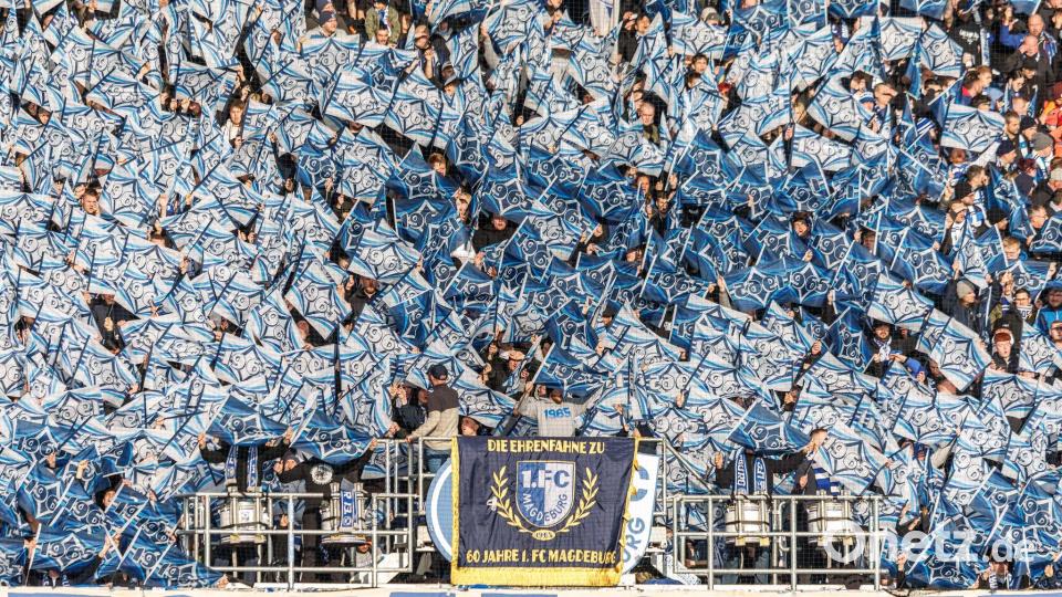 Alles weiß und blau. Fans vom 1. FC Magdeburg feuern ihr Team mit Fahnen beim Spiel gegen Holstein Kiel an. Bild: Andreas Gora/dpa