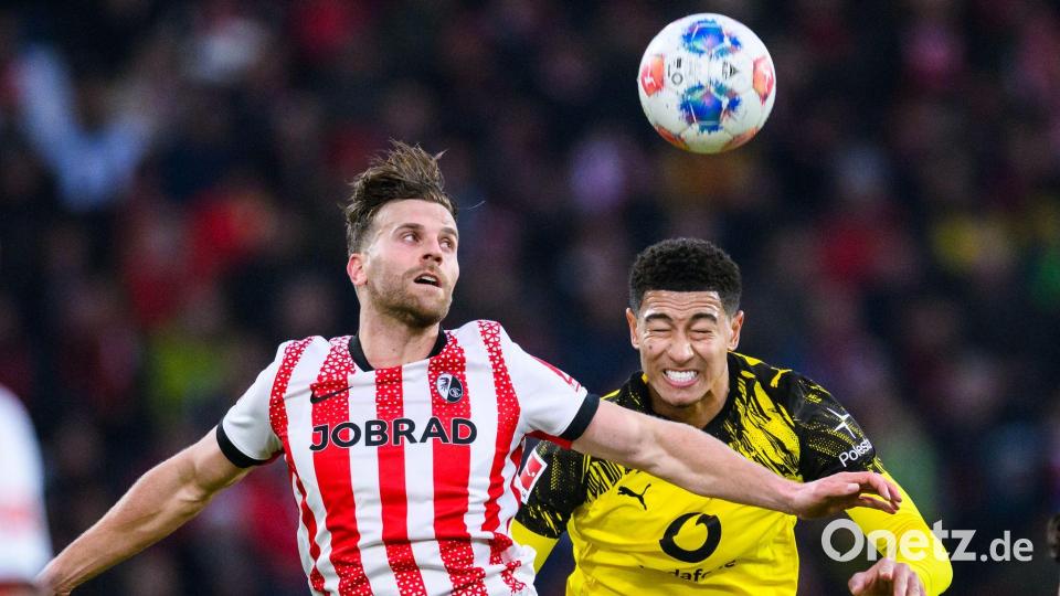 Lucas Höler (l.) traf sehenswert, Jobe Bellingham sah Rot. Bild: Tom Weller/dpa