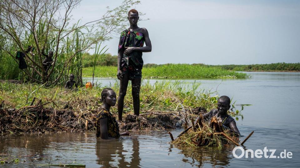 Ayen Deng Duot (r) und ihre Familie befestigen ihre Insel mit Pflanzen und Schlamm aus dem Sumpf, um zu verhindern, dass ihr Haus am Nil überflutet wird. Bild: Florence Miettaux/AP/dpa