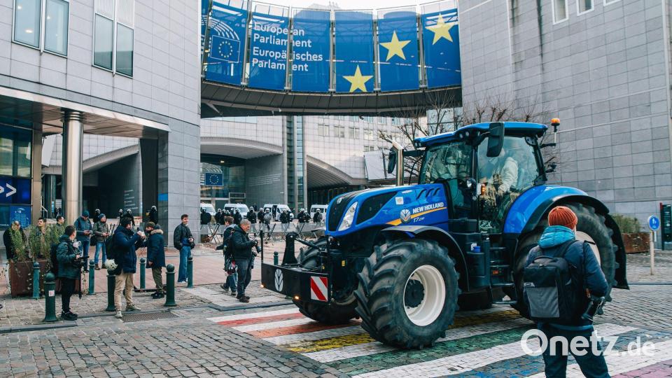 Demonstranten und Bereitschaftspolizei stehen vor dem Eingang des Europäischen Parlaments. Bild: Emile Windal/Belga/dpa
