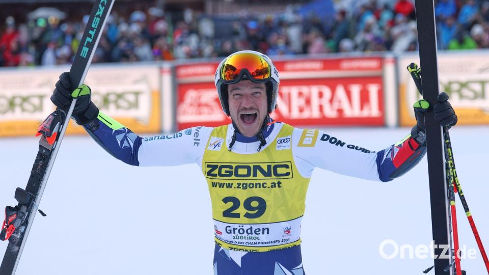 Tschechischer Ski-Coup in Gröden: Jan Zabystran bejubelt seinen Sieg im Super-G. Bild: Alessandro Trovati/AP/dpa