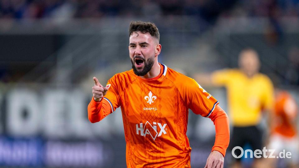 Darmstadts Marco Richter bejubelt seinen frühen Treffer zum 1:0. Bild: David Inderlied/dpa