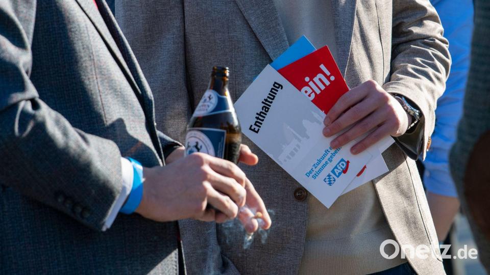 AfD-Anhänger stehen mit Stimmkarten und einer Bierflasche zusammen. Bild: Stefan Puchner/dpa