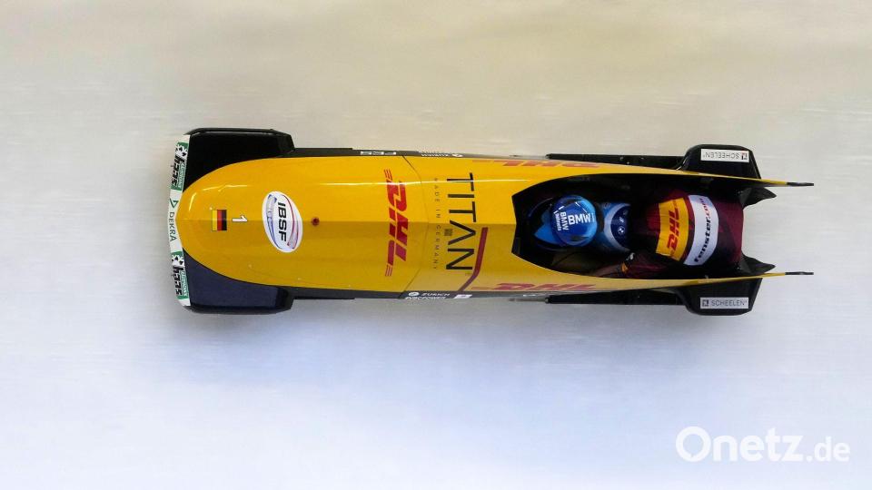 Johannes Lochner und Georg Fleischhauer holen im vierten Zweierbob-Rennen den dritten Sieg. Bild: Ints Kalnins/ZUMA Press Wire/dpa