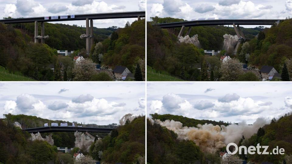 Im Mai 2023 wurde die alte Brücke gesprengt - 17.000 Tonnen Schutt mussten beiseite geräumt werden. (Archivbild) Bild: Christoph Reichwein/dpa