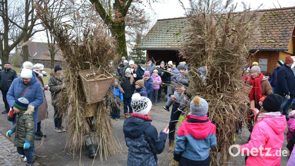 Sehen schon furchteinflösend aus, die Spechte in Pleußen, ausgestattet mit Schilf und Stroh. Für die kleinen Besucher freilich hatten sie etwas Süßes mitgebracht. Bild: jr
