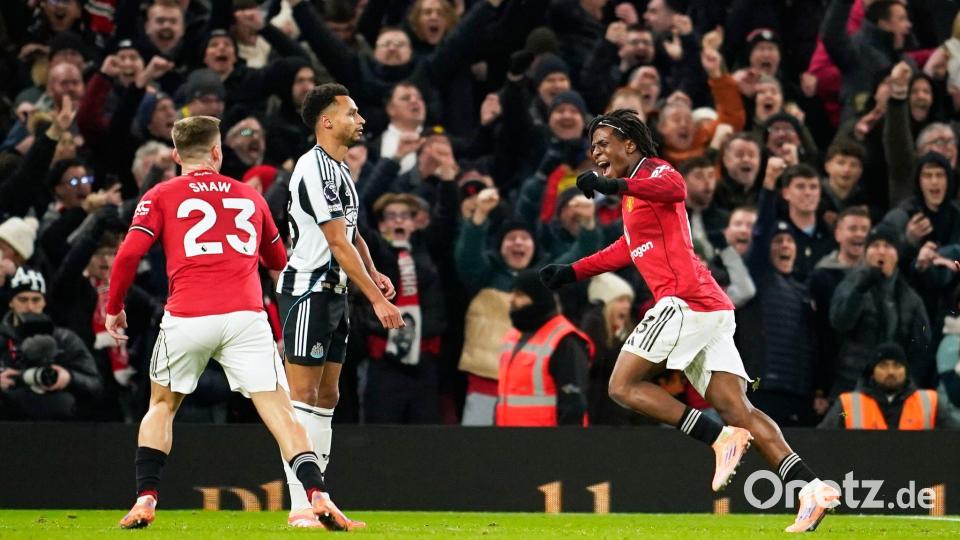 Patrick Dorgu von Manchester United freut sich über seinen Führungstreffer gegen Newcastle. Bild: Dave Thompson/AP/dpa