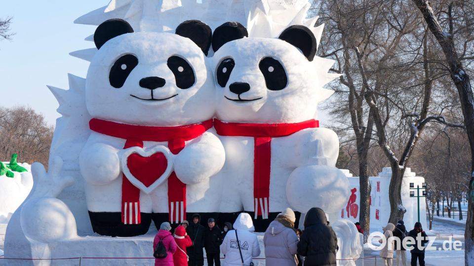 Menschen betrachten in China eine Schneeskulptur. Bild: Wang Song/XinHua/dpa