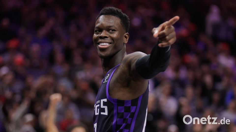 Dennis Schröder reagiert nach einem Foul. Bild: Scott Marshall/AP/dpa