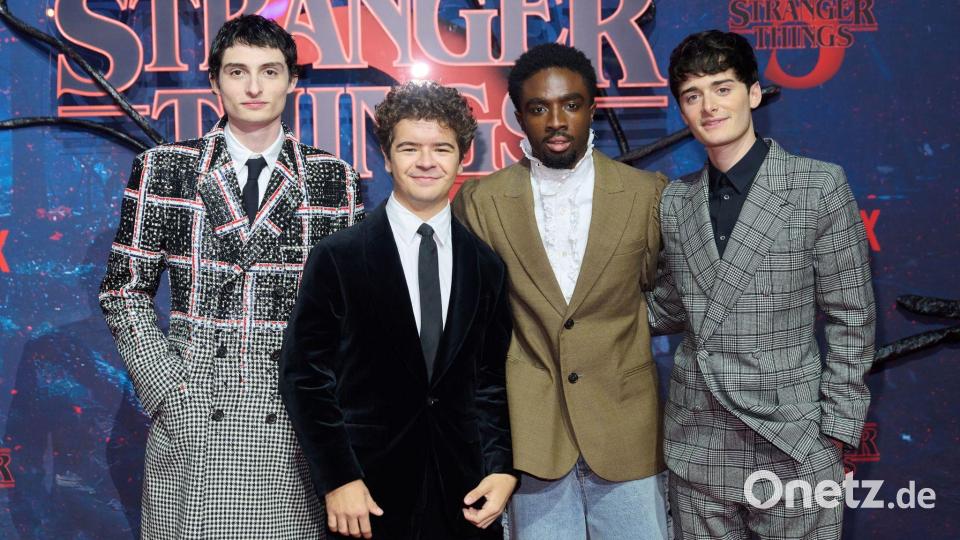 Finn Wolfhard, Gaten Matarazzo, Caleb McLaughlin und Noah Schnapp bei einem Fan-Event in Berlin. (Archivbild) Bild: Annette Riedl/dpa