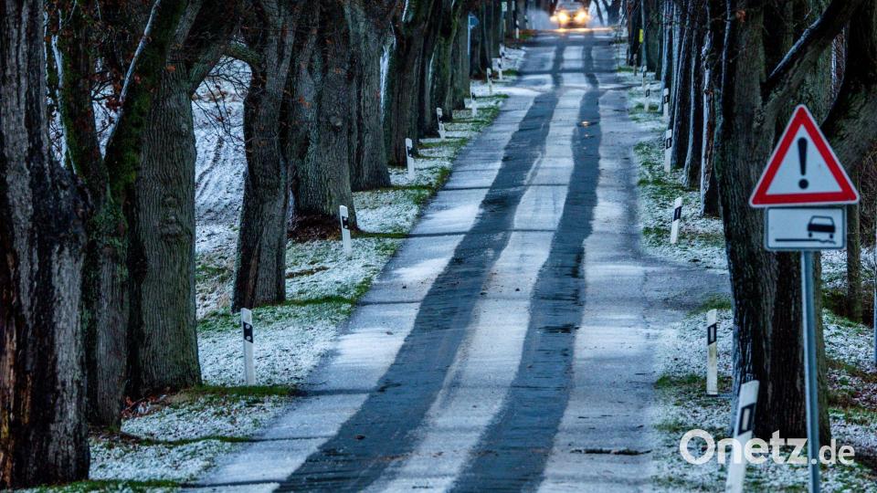 Ein Auto fährt durch eine leicht verschneite Allee. Leichter Schneefall und Temperaturen um die null Grad behindern den Verkehr in Norddeutschland. Bild: Jens Büttner/dpa