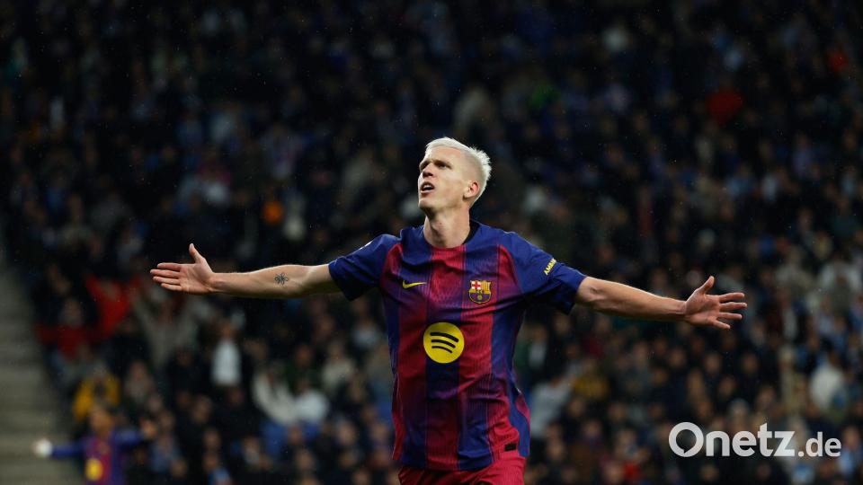 Dani Olmo brachte den FC Barcelona mit einem sehenswerten Tor in Führung. Bild: Joan Monfort/AP/dpa