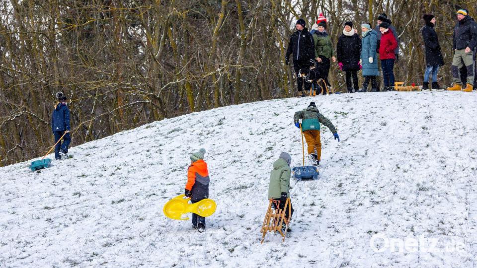 Viele Kinder vergnügten sich mit ihren Eltern beim Rodeln. Bild: Frank Hammerschmidt/dpa