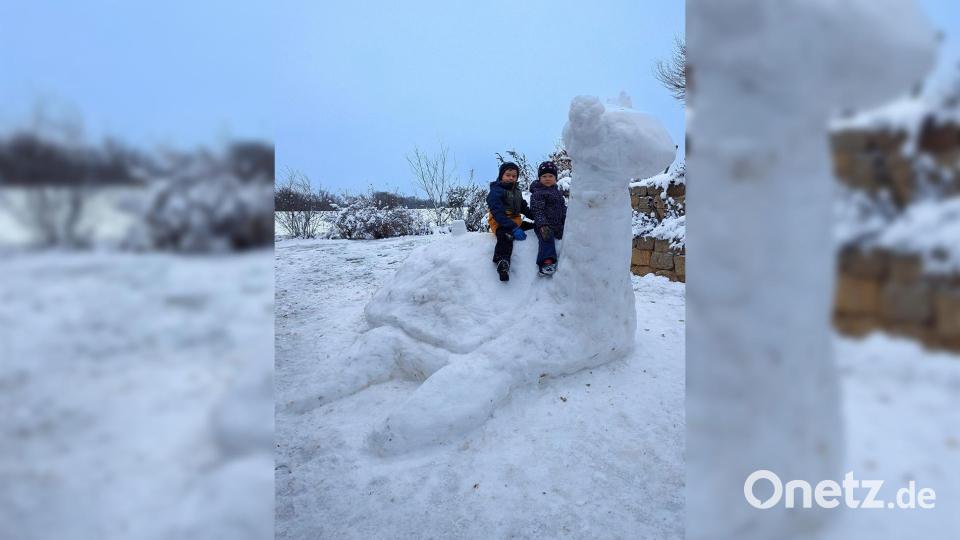 Auch "Lapras", eine bekannte Figur aus der Pokémon-Reihe, hat die Familie detailreich aus Schnee modelliert. Bild: Peter Kick