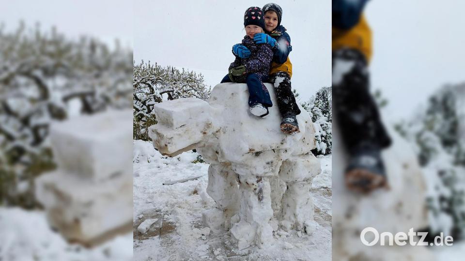 Der Kampfläufer "AT-AT" aus den Star-Wars-Filmen auf der Terrasse der Familie Kick – die Kinder Marlene (links) und Raphael (rechts) posieren stolz auf der fertigen Schneeskulptur. Bild: Peter Kick