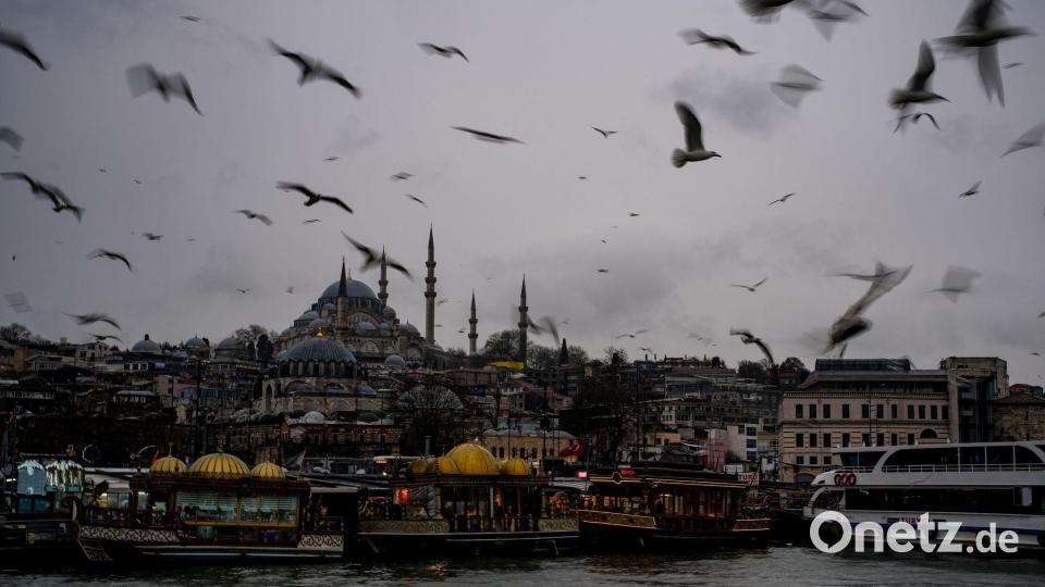 Möwen fliegen an einem regnerischen Tag über dem Bosporus. Bild: Emrah Gurel/AP/dpa