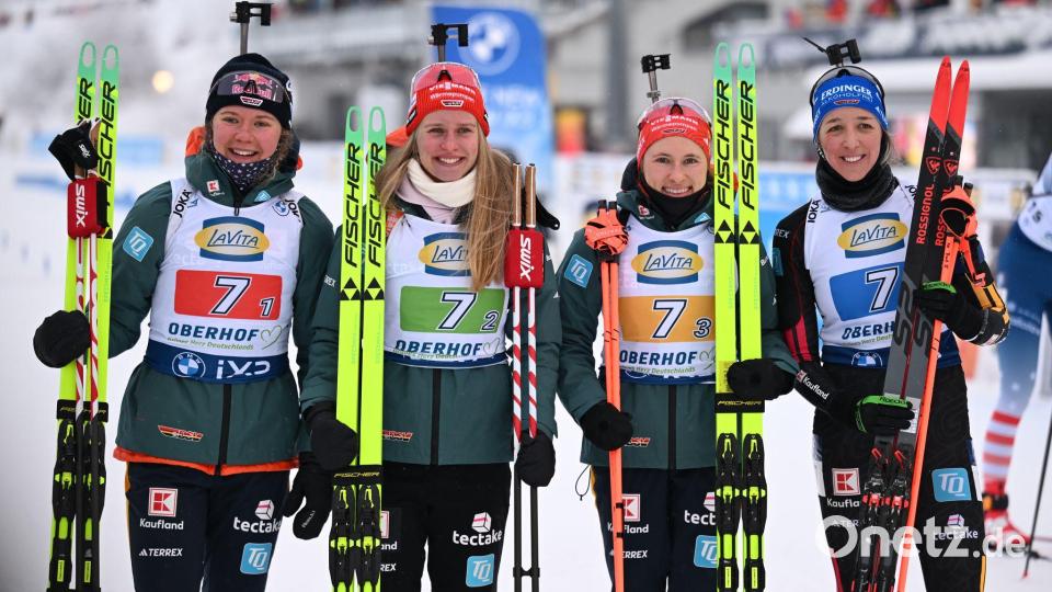 Erkämpften sich Rang drei: Die deutschen Biathletinnen. Bild: Hendrik Schmidt/dpa