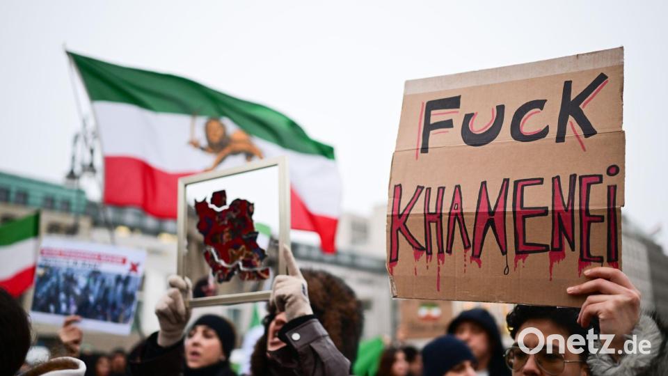 „Fuck Khamenei“, steht auf einem Schild während einer Demonstration zur Unterstützung der landesweiten Massenproteste gegen die Regierung im Iran. Bild: Sebastian Christoph Gollnow/dpa