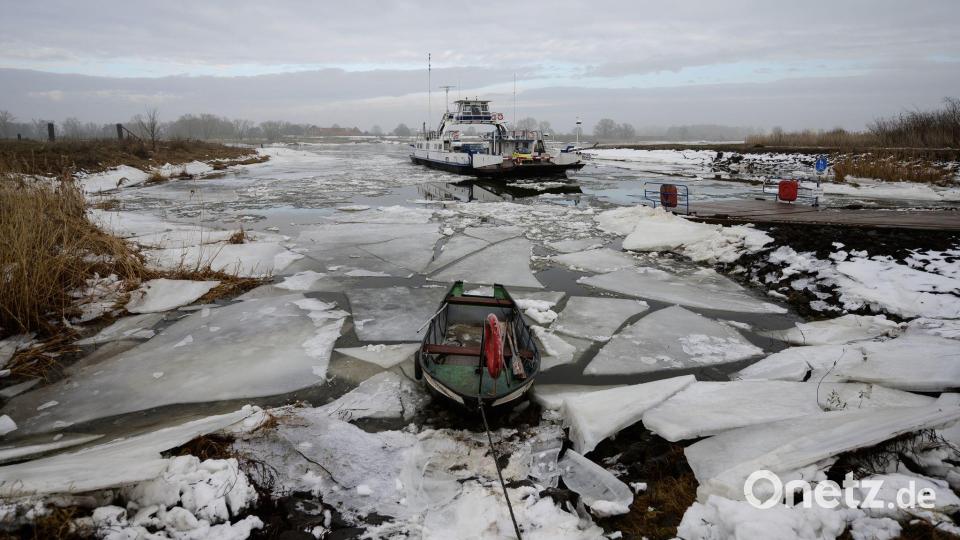 Die Elbfähre „Tanja“ fährt bei Eisgang über die Elbe. Bild: Philipp Schulze/dpa