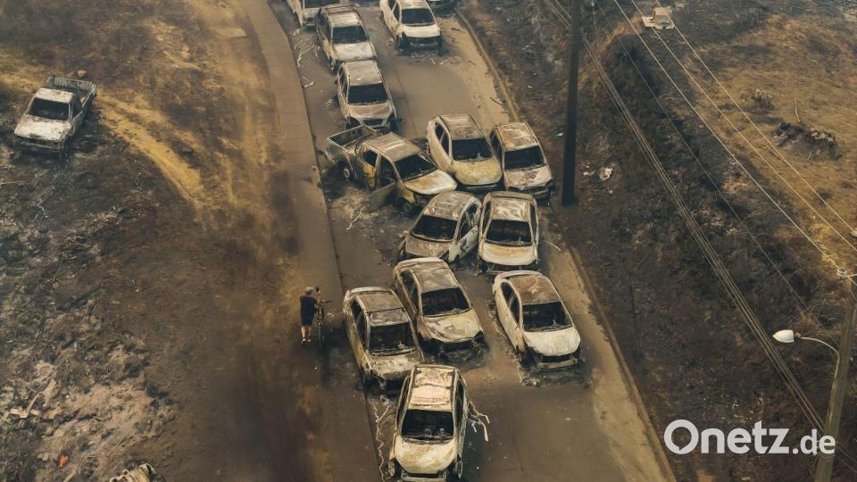 Beschädigte Fahrzeuge säumen eine Straße, nachdem Waldbrände Wohngebiete in Lirquen in Chile verwüstet haben. Bild: Javier Torres/AP/dpa
