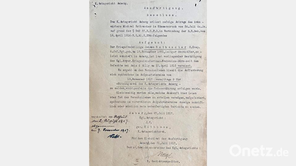 Aufgebot im Rahmen des Todeserklärungsverfahrens für Johann Rothascher aus Amberg, vermisst seit seinem Kriegseinsatz im Bois d’Ailly bei Han-sur-Meuse (Frankreich) am 22. April 1915 (Staatsarchiv Amberg, Amtsgericht I Amberg 1353). Bild: Staatsarchiv Amberg