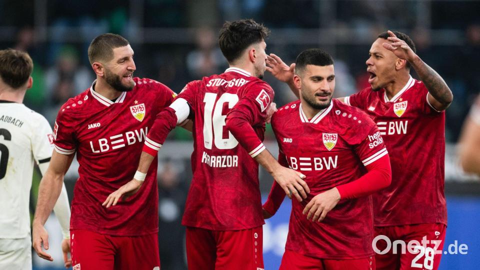 Der VfB Stuttgart jubelt auch in Mönchengladbach. Bild: Marius Becker/dpa