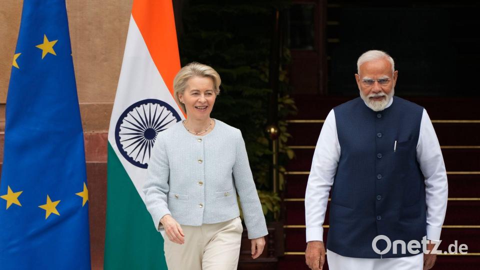 Wollen die Beziehungen zwischen der EU und Indien stärken: Premierminister Narendra Modi und EU-Kommissionschefin Ursula von der Leyen. (Archivbild) Bild: Manish Swarup/AP/dpa