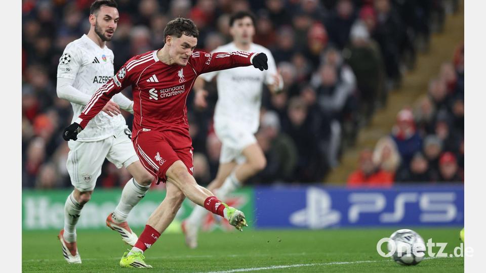 Florian Wirtz erzielt sein erstes Champions-League-Tor für den FC Liverpool. Bild: Darren Staples/AP/dpa