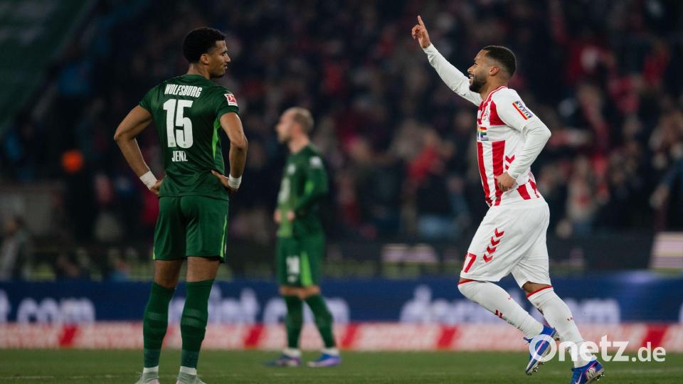 Kölns Linton Maina jubelt über sein Tor zum 1:0 gegen Wolfsburg. Bild: Marius Becker/dpa