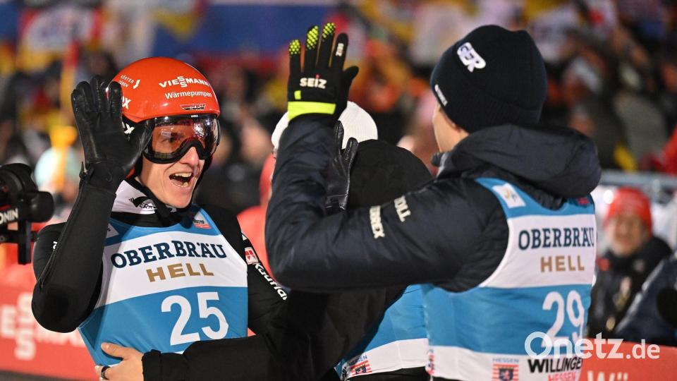 Karl Geiger (l) und Andreas Wellinger (r) hatten in Willingen Grund zur Freude. Bild: Swen Pförtner/dpa