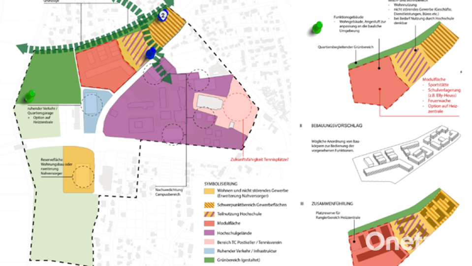 Die Rahmenplanung für den Alten Volksfestplatz in Weiden könnte auch einen Platz für die neue Feuerwache (rote Fläche) beinhalten. Noch ist sie nicht beschlossen. Bild: DSK GmbH