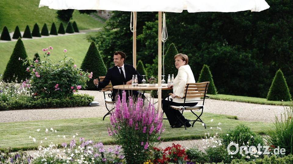 Auch Kanzlerin Merkel empfing Gäste wie Frankreichs Präsident Macron in Meseberg. (Archivbild) Bild: Kay Nietfeld/dpa-Pool/dpa