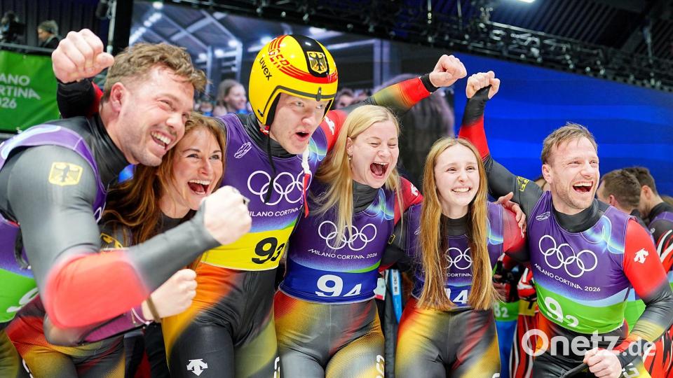 Die deutschen Rodler gewinnen Gold in der Team-Staffel. Bild: Michael Kappeler/dpa