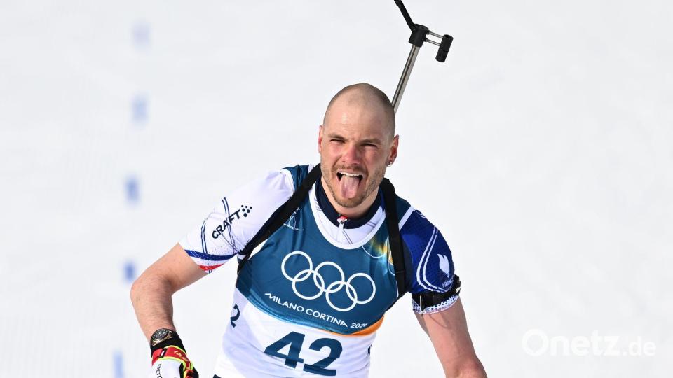 Emilien Jacquelin machte sich über seinen Konkurrenten Laegreid lustig. Bild: Hendrik Schmidt/dpa