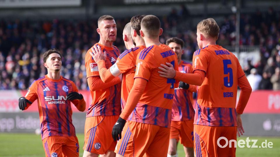 Die Schalker Spieler hatten beim Sieg bei Holstein viel zu jubeln. Bild: Daniel Bockwoldt/dpa
