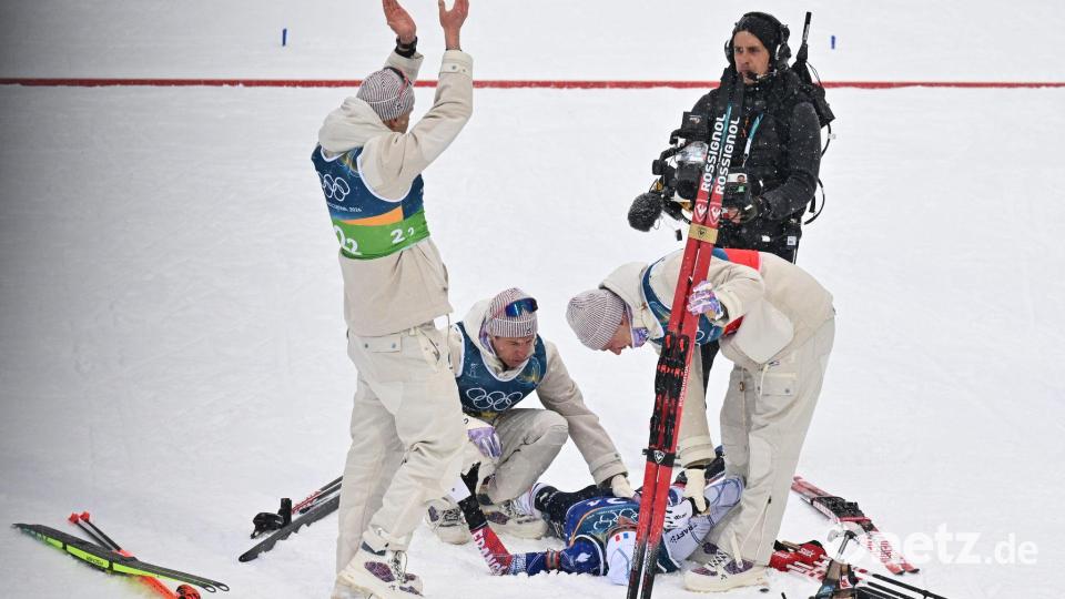 Erstmals Olympiasieger: Frankreichs Staffel jubelte im Ziel. Bild: Hendrik Schmidt/dpa