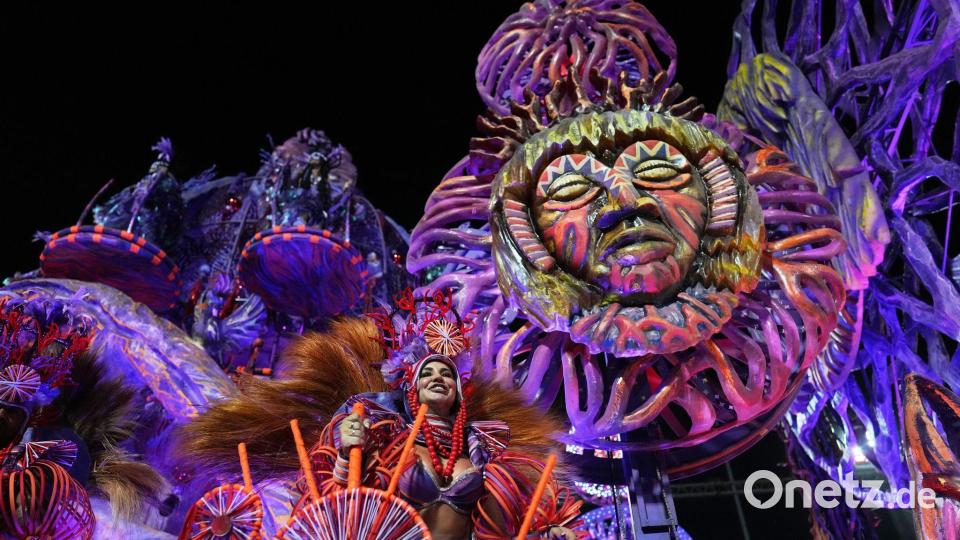 Eine Darstellerin der Sambaschule Grande Rio zieht auf einem Wagen während der Karnevalsfeierlichkeiten im Sambadrom in Rio de Janeiro. Bild: Silvia Izquierdo/AP/dpa