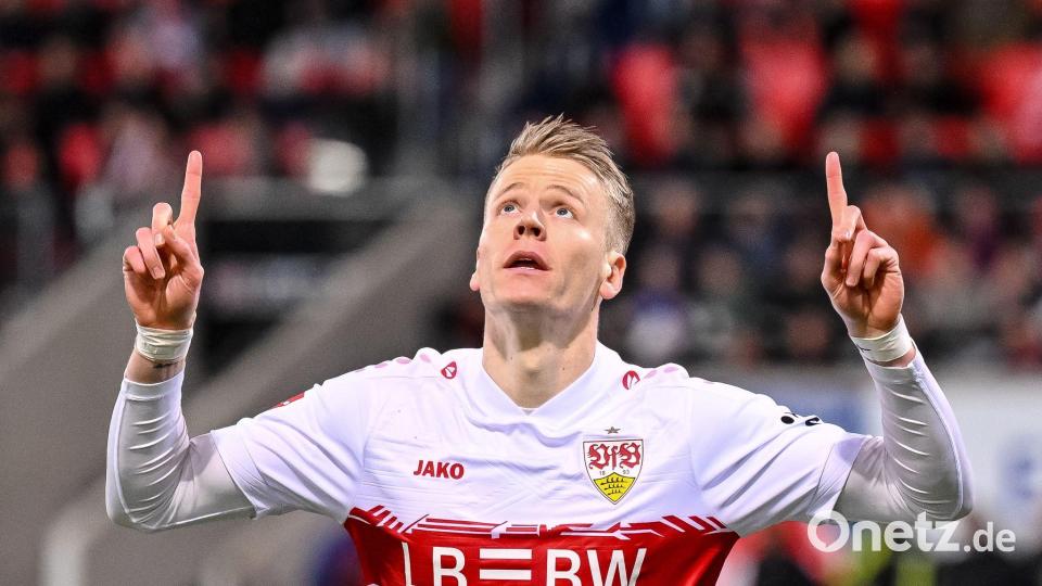 Chris Führich jubelte über seinen Treffer zum zwischenzeitlichen 1:0. Bild: Harry Langer/dpa