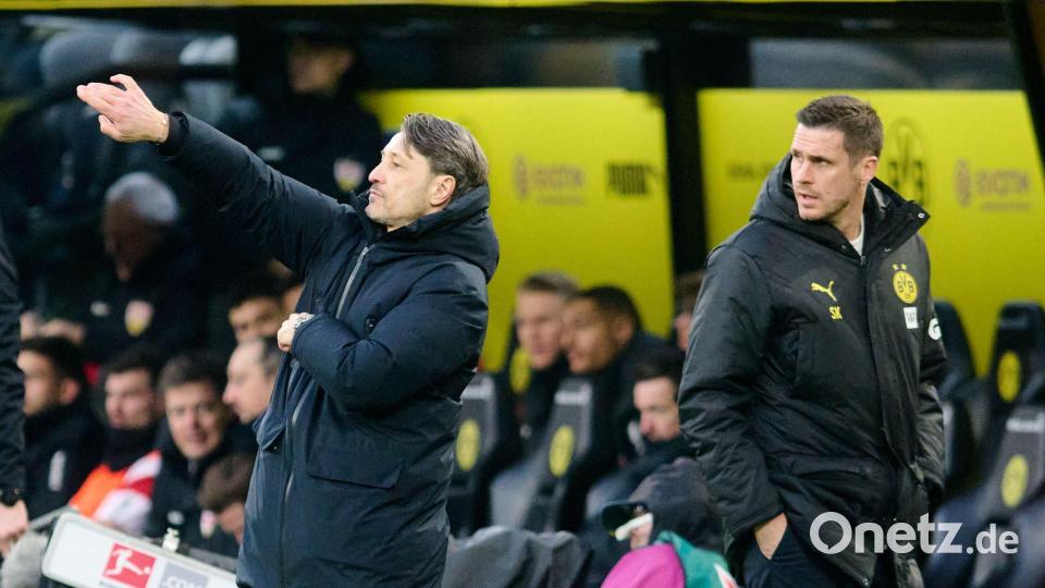 Trainer Niko Kovac (l) und Sportdirektor Sebastian Kehl fordern in Bergamo einen konzentrierten Auftritt. (Archivbild) Bild: Bernd Thissen/dpa