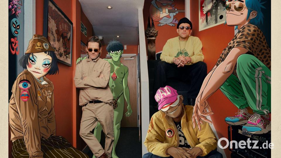 Die Musiker Damon Albarn (r) und Jamie Hewlett (l) von den Gorillaz mit ihren fiktiven Charakteren Noodle, Murdoc Niccals, Russel Hobbs, und 2D (v.l.). Bild: Reuben Bastienne-Lewis/Gorillaz/dpa