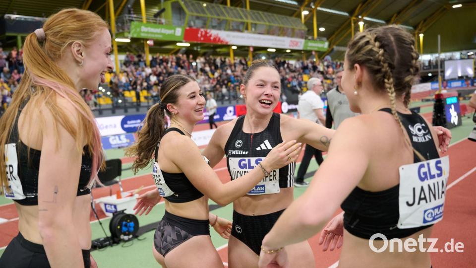 Gina Lückenkemper gewann mit der Staffel des SCC Berlin den deutschen Hallentitel. Bild: Bernd Thissen/dpa