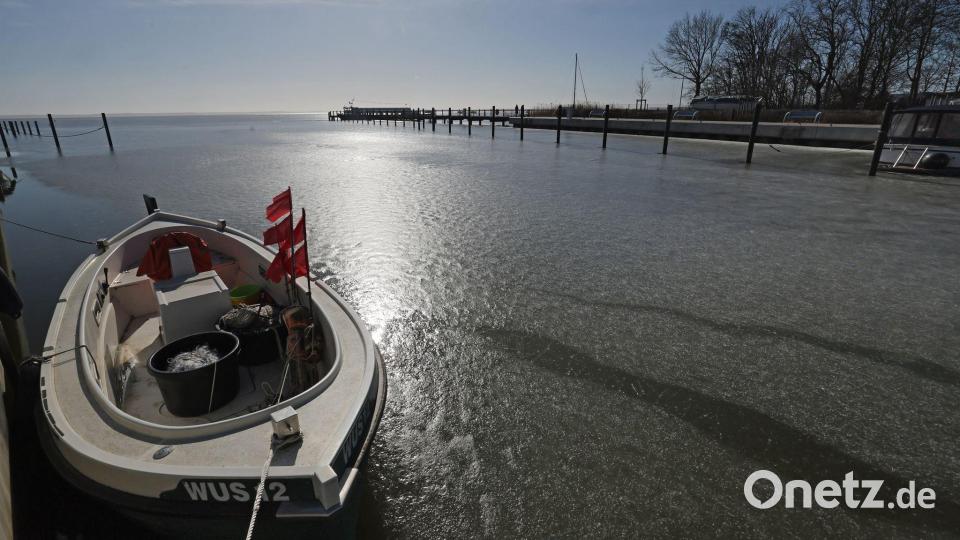 Der Boddenhafen des Ostseebades in Wustrow ist nach wie vor mit dickem Eis bedeckt. Bild: Bernd Wüstneck/dpa