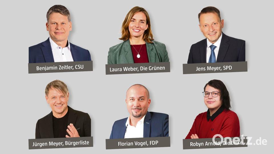 Sechs Bewerber für das Amt des Oberbürgermeisters in Weiden stellen sich den Fragen von Oberpfalz-Medien. Grafik: Oberpfalz-Medien – Bilder (von links): Sebastian Faltenbacher,  Elisabeth Hütter, Photo Hübner, Photo Hübner, Vogel/privat, Photo Hübner