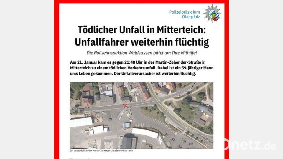 Die Polizeiinspektion Waldsassen hat eine Plakataktion gestartet, um Zeugen für einen tödlichen Verkehrsunfall in Mitterteich zu finden. Bild: PI Waldsassen