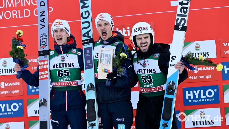 Philipp Raimund jubelte über Platz eins in Lahti. Bild: Emmi Korhonen/Lehtikuva/dpa