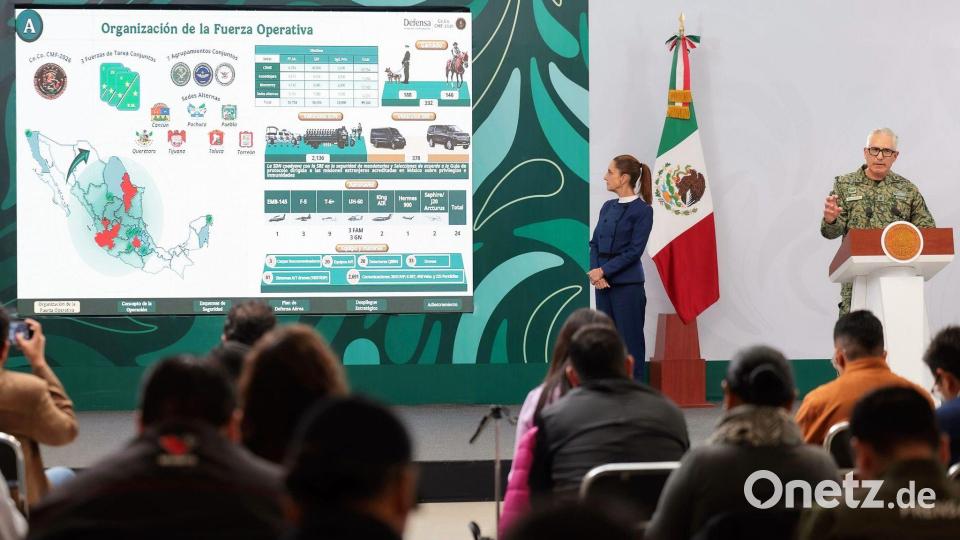 „Sind bestens vorbereitet“: Präsidentin Claudia Sheinbaum auf einer Pressekonferenz. Bild: -/Presidencia de México/dpa