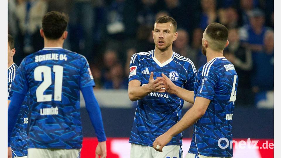 Stürmer Edin Dzeko (M) traf auch in seinem vierten Heimspiel für Schalke 04. Bild: Bernd Thissen/dpa