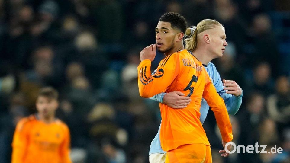 Erling Haaland (r) wird Manchester City in Madrid zur Verfügung stehen. (Archivbild) Bild: Dave Thompson/AP/dpa